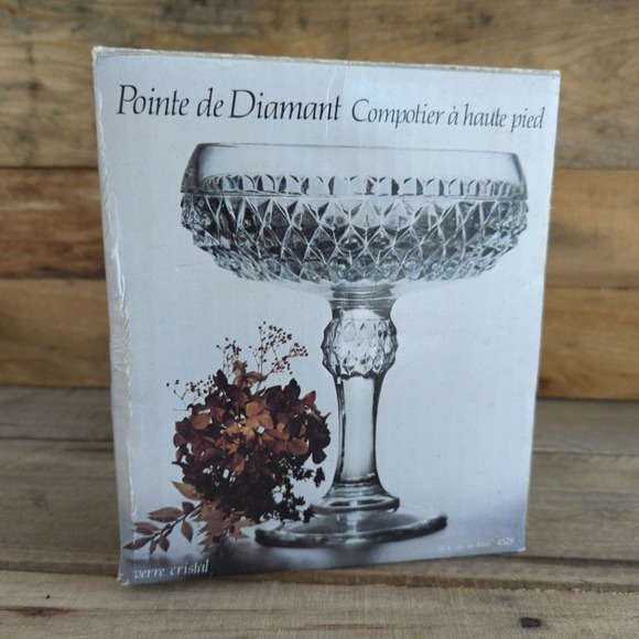 Vintage 1965 - 1990 Diamond Point Clear by Indiana Glass Tall Footed Compote - Picture 9 of 11
